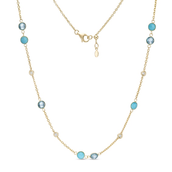 Turquoise, Blue and White Topaz Bezel-Set Station Necklace in 10K Gold