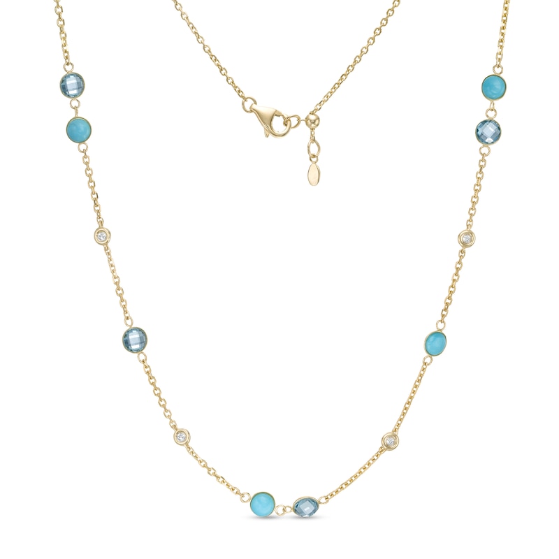 Main Image 1 of Turquoise, Blue and White Topaz Bezel-Set Station Necklace in 10K Gold