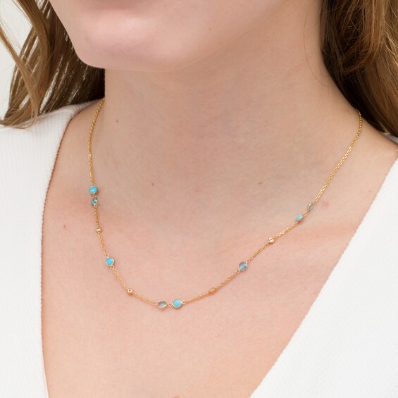 Turquoise, Blue and White Topaz Bezel-Set Station Necklace in 10K Gold