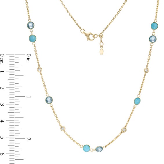 Turquoise, Blue and White Topaz Bezel-Set Station Necklace in 10K Gold