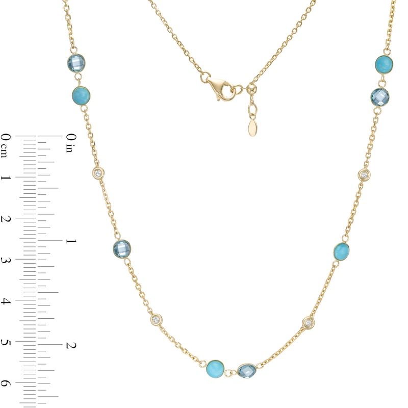 Main Image 3 of Turquoise, Blue and White Topaz Bezel-Set Station Necklace in 10K Gold