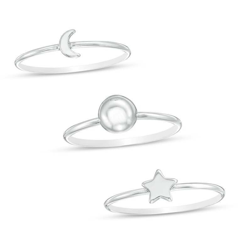 Sun, Moon and Star Three Piece Stackable Ring Set in Sterling Silver