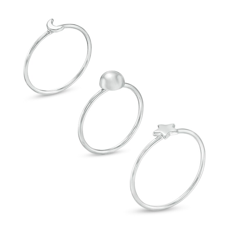 Sun, Moon and Star Three Piece Stackable Ring Set in Sterling Silver