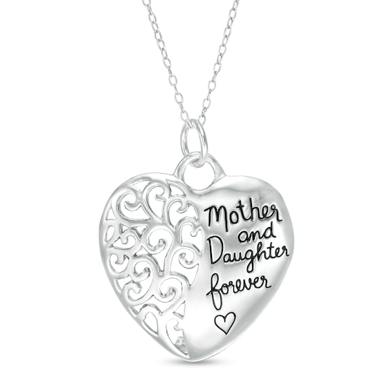 "Mother and Daughter forever" Filigree Heart Pendant in Sterling Silver