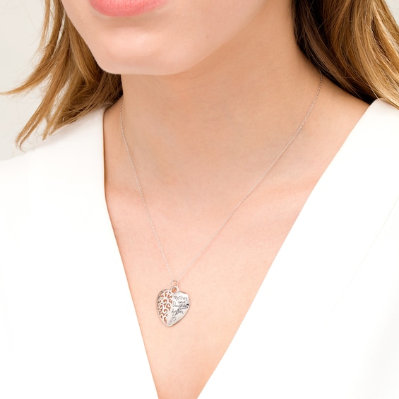 "Mother and Daughter forever" Filigree Heart Pendant in Sterling Silver