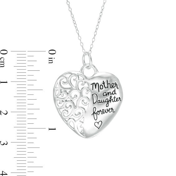 "Mother and Daughter forever" Filigree Heart Pendant in Sterling Silver