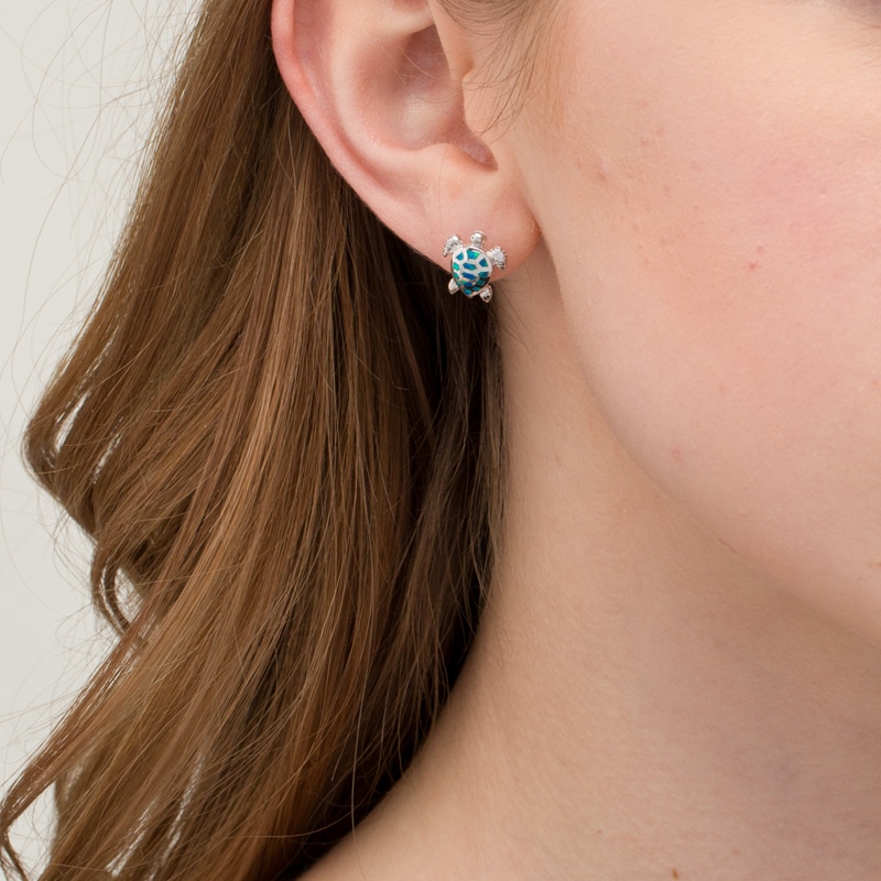 Lab-Created Blue Opal Sea Turtle Stud Earrings in Sterling Silver