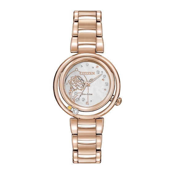 Ladies' Citizen Eco-Drive® Disney Belle Diamond Accent Rose-Tone Watch with Mother-of-Pearl Dial (Model: Em0823-58D)