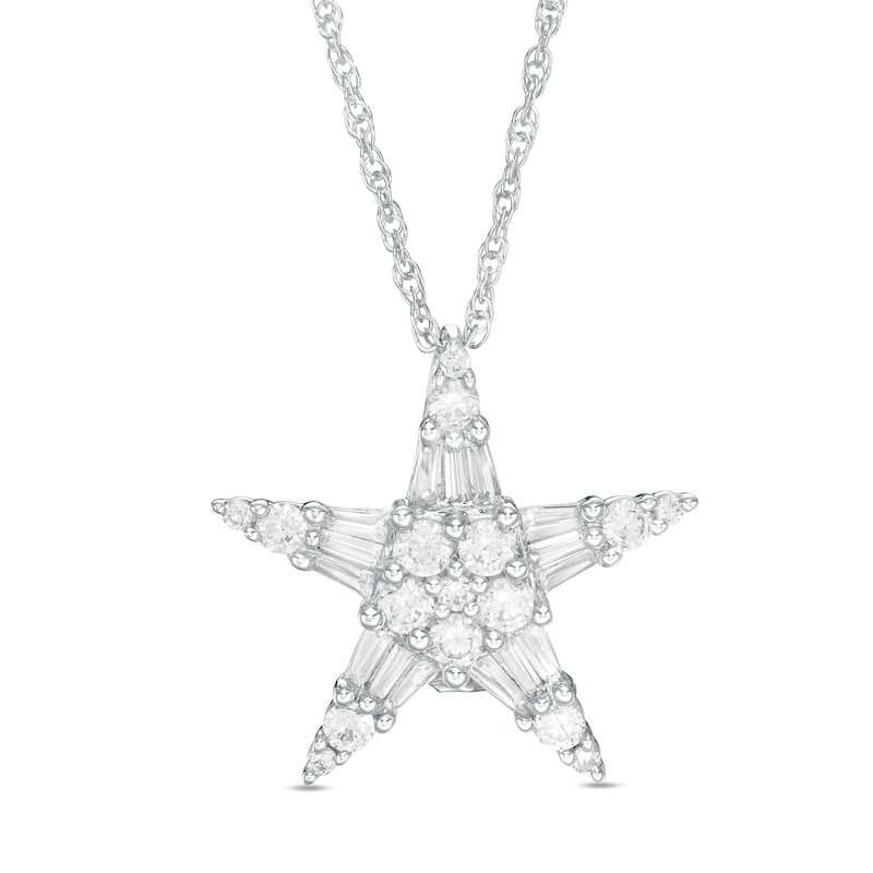 1 CT. T.W. Baguette and Round Diamond Star Pendant in 10K White Gold ...