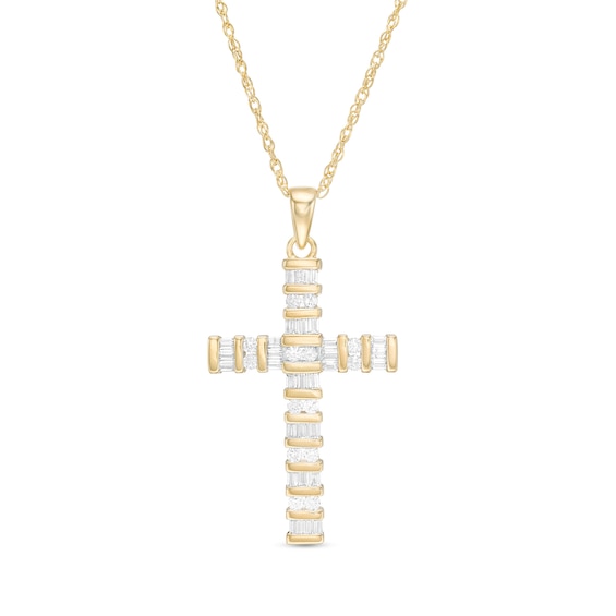 1/2 CT. T.w. Baguette and Round Diamond Cross Pendant in 14K Gold
