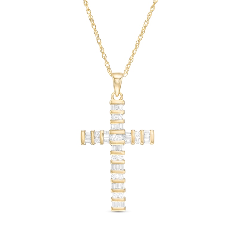 1/2 CT. T.W. Baguette and Round Diamond Cross Pendant in 14K Gold