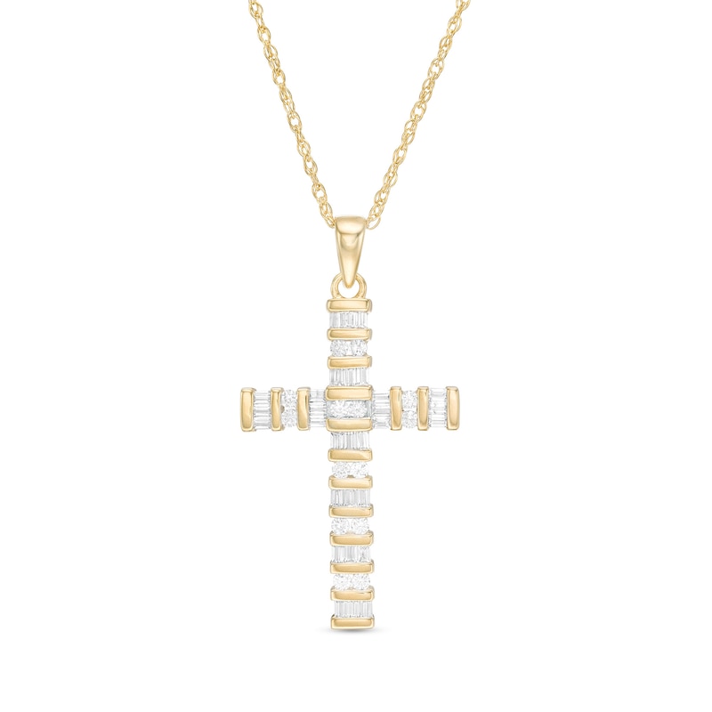 Main Image 1 of 1/2 CT. T.W. Baguette and Round Diamond Cross Pendant in 14K Gold