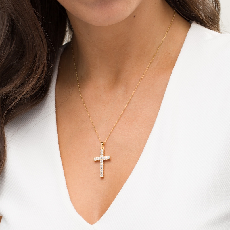 Main Image 2 of 1/2 CT. T.W. Baguette and Round Diamond Cross Pendant in 14K Gold