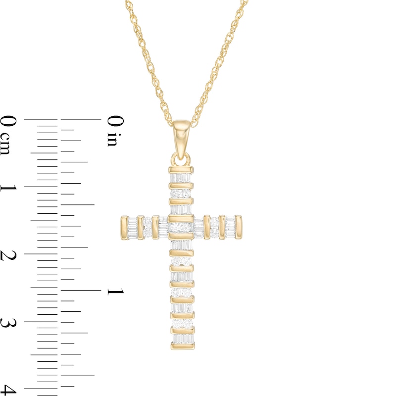 Main Image 3 of 1/2 CT. T.W. Baguette and Round Diamond Cross Pendant in 14K Gold