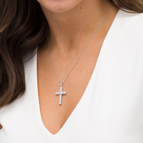 1/2 CT. T.w. Baguette and Round Diamond Cross Pendant in 14K White Gold