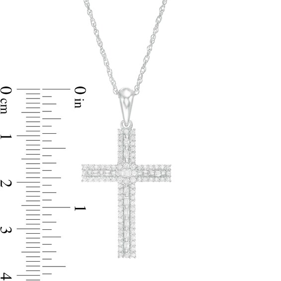 1/2 CT. T.w. Baguette and Round Diamond Cross Pendant in 14K White Gold