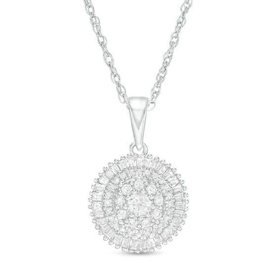1/2 CT. T.w. Baguette and Round Diamond Triple Frame Circle Pendant in 10K White Gold