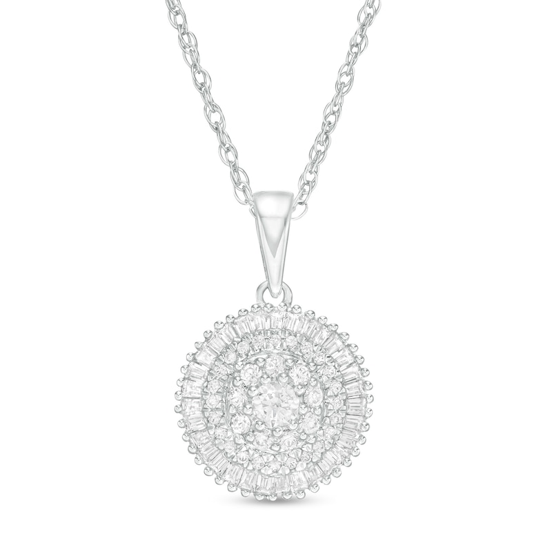 Main Image 1 of 1/2 CT. T.W. Baguette and Round Diamond Triple Frame Circle Pendant in 10K White Gold