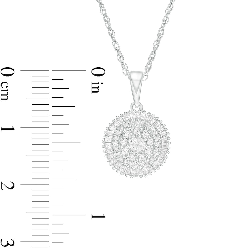 Main Image 3 of 1/2 CT. T.W. Baguette and Round Diamond Triple Frame Circle Pendant in 10K White Gold