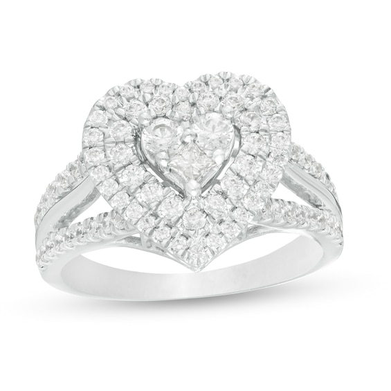 1 CT. T.w. Heart-Shaped Multi-Diamond Double Frame Split Shank Ring in 10K White Gold