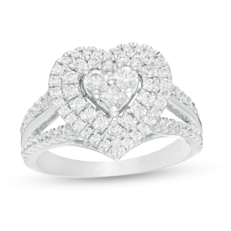 1 CT. T.W. Heart-Shaped Multi-Diamond Double Frame Split Shank Ring in 10K White Gold