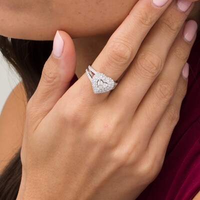1 Ct T W Composite Diamond Double Heart Shaped Frame Split Shank Ring In 10k White Gold Zales