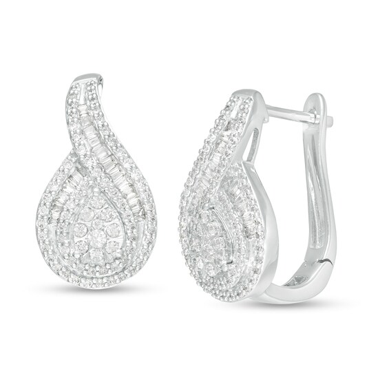 3/4 CT. T.w. Baguette and Round Diamond Teardrop Frame Hoop Earrings in 10K White Gold