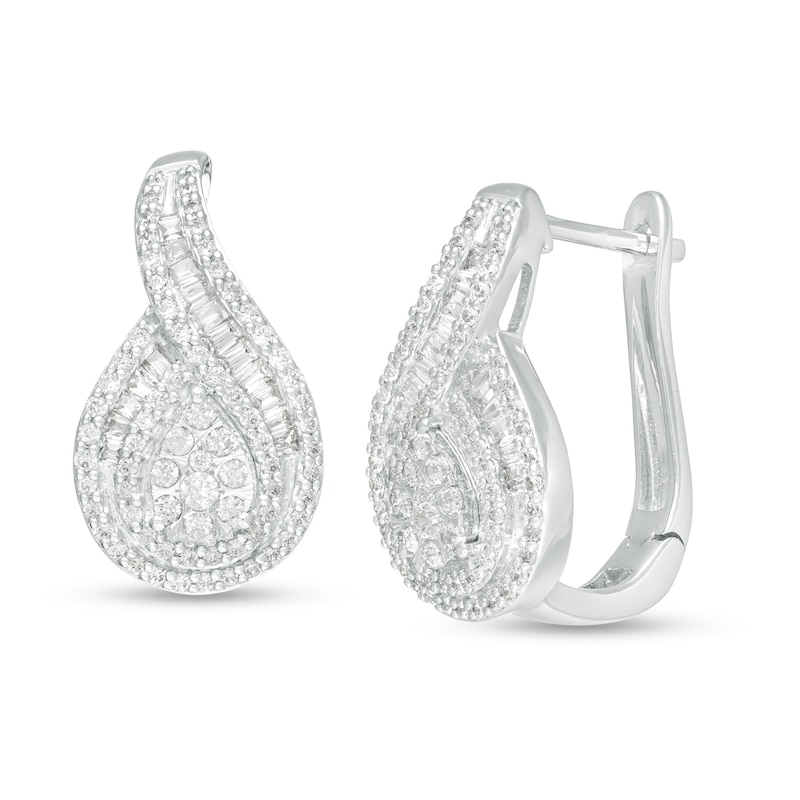 Main Image 1 of 3/4 CT. T.W. Baguette and Round Diamond Teardrop Frame Hoop Earrings in 10K White Gold