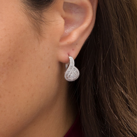 3/4 CT. T.w. Baguette and Round Diamond Teardrop Frame Hoop Earrings in 10K White Gold