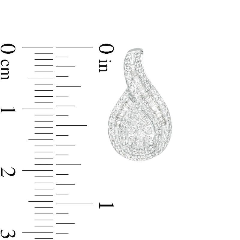 Main Image 3 of 3/4 CT. T.W. Baguette and Round Diamond Teardrop Frame Hoop Earrings in 10K White Gold
