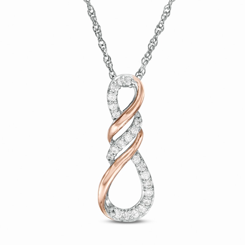 Main Image 1 of 1/6 CT. T.W. Diamond Infinity Flame Pendant in Sterling Silver and 10K Rose Gold