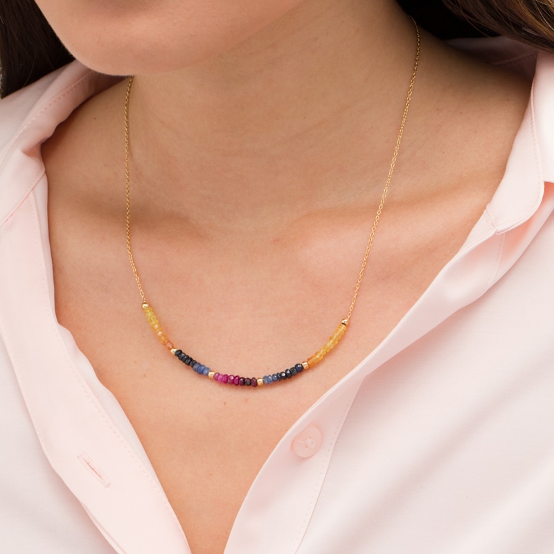 Main Image 2 of Multi-Color Sapphire Bead Necklace in Sterling Silver with 14K Gold Plate