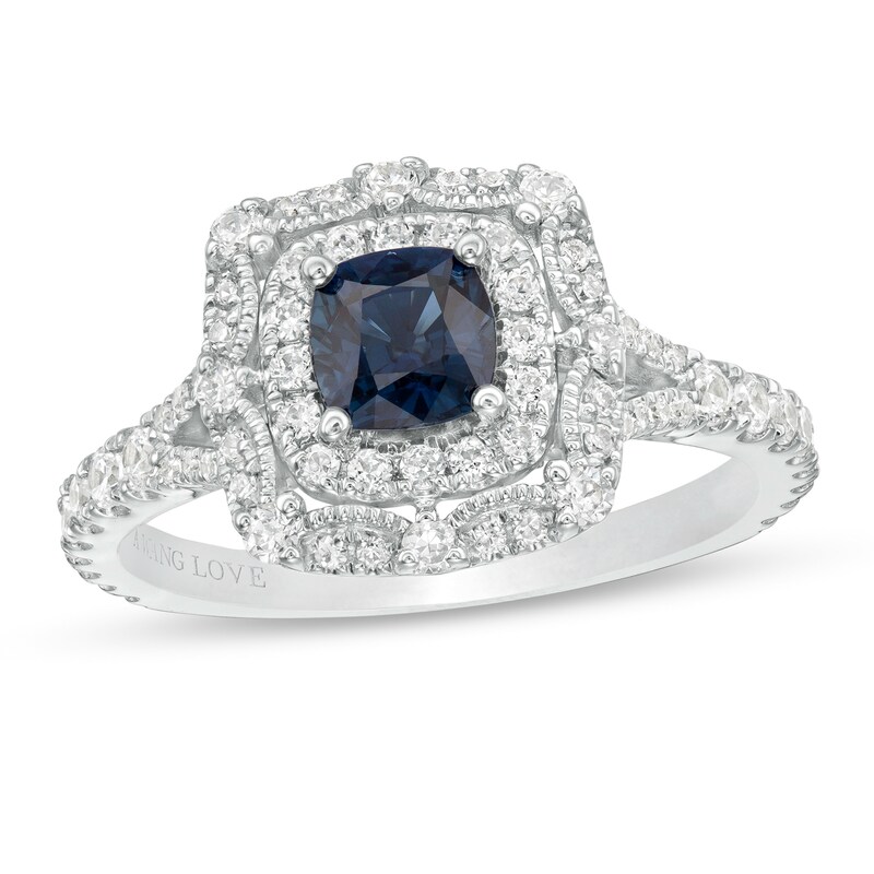 Main Image 1 of Vera Wang Love Collection Certified Cushion-Cut Sapphire and 5/8 CT. T.W. Diamond Engagement Ring in 14K White Gold