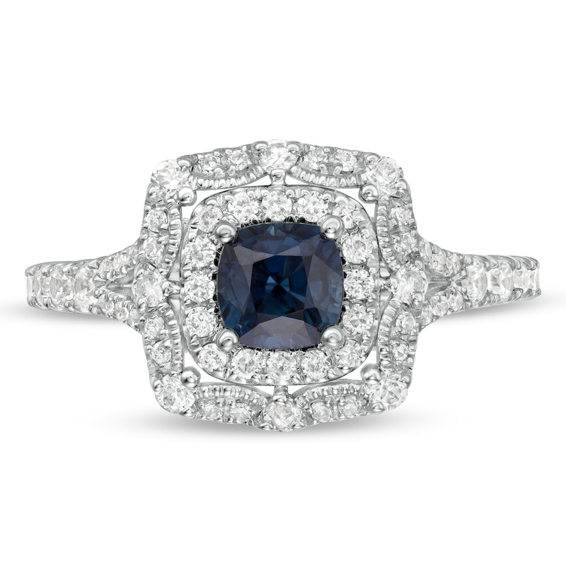 Main Image 4 of Vera Wang Love Collection Certified Cushion-Cut Sapphire and 5/8 CT. T.W. Diamond Engagement Ring in 14K White Gold
