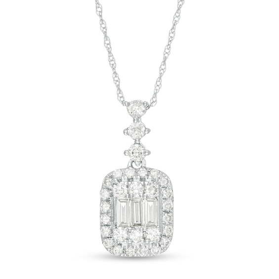 1/2 CT. T.w. Baguette and Round Diamond Cushion Frame Pendant in 10K White Gold