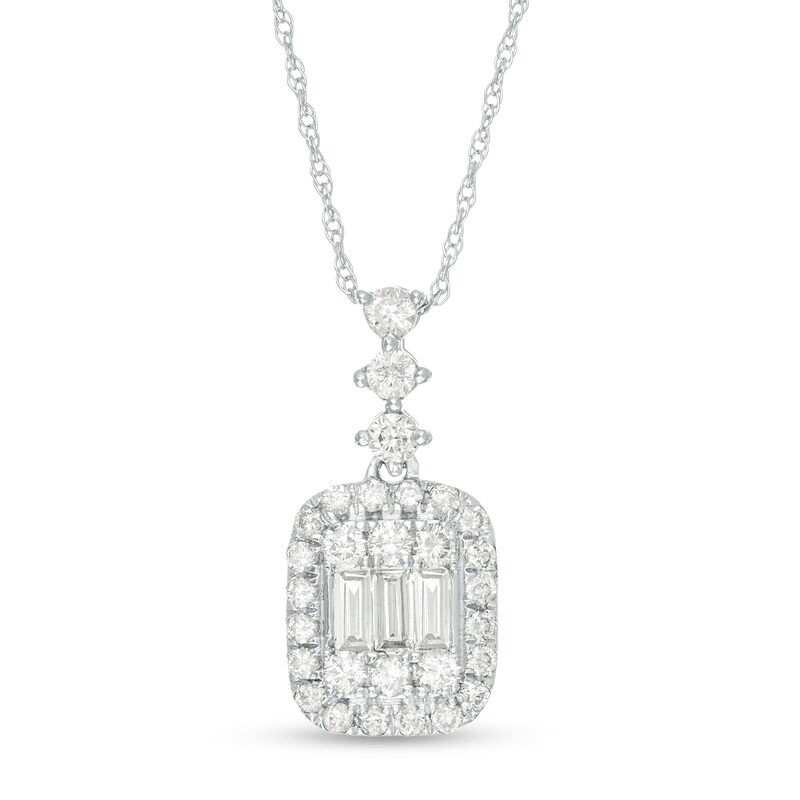 Main Image 1 of 1/2 CT. T.W. Baguette and Round Diamond Cushion Frame Pendant in 10K White Gold