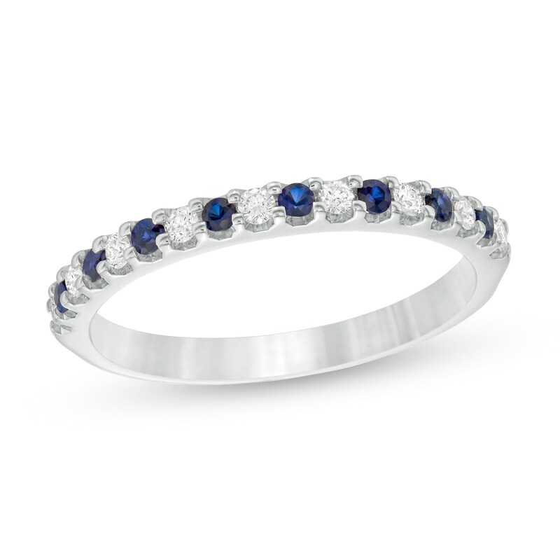 Blue Sapphire and 1/8 CT. T.W. Diamond Stackable Band in 14K White Gold