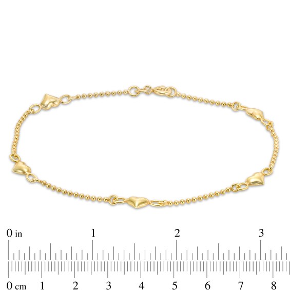 Puffed Heart Station Anklet in Sterling Silver with 18K Gold Plate - 9"