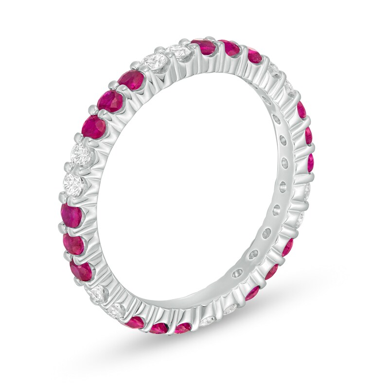 Ruby and 1/3 CT. T.W. Diamond Trios Eternity Band in 14K White Gold