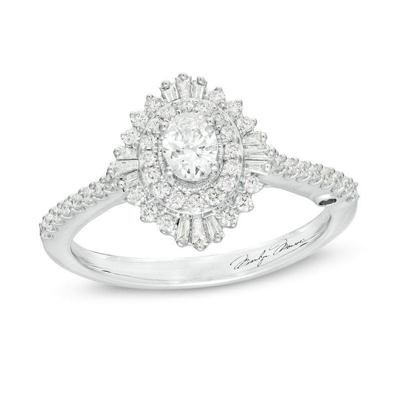 Main Image 1 of Marilyn Monroe™ Collection 5/8 CT. T.W. Oval Diamond Double Frame Starburst Engagement Ring in 14K White Gold
