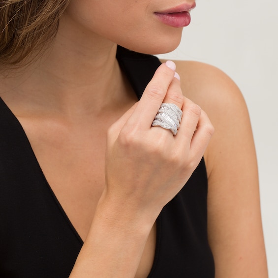 5 CT. T.w. Baguette and Round Diamond Multi-Row Ring in 14K White Gold