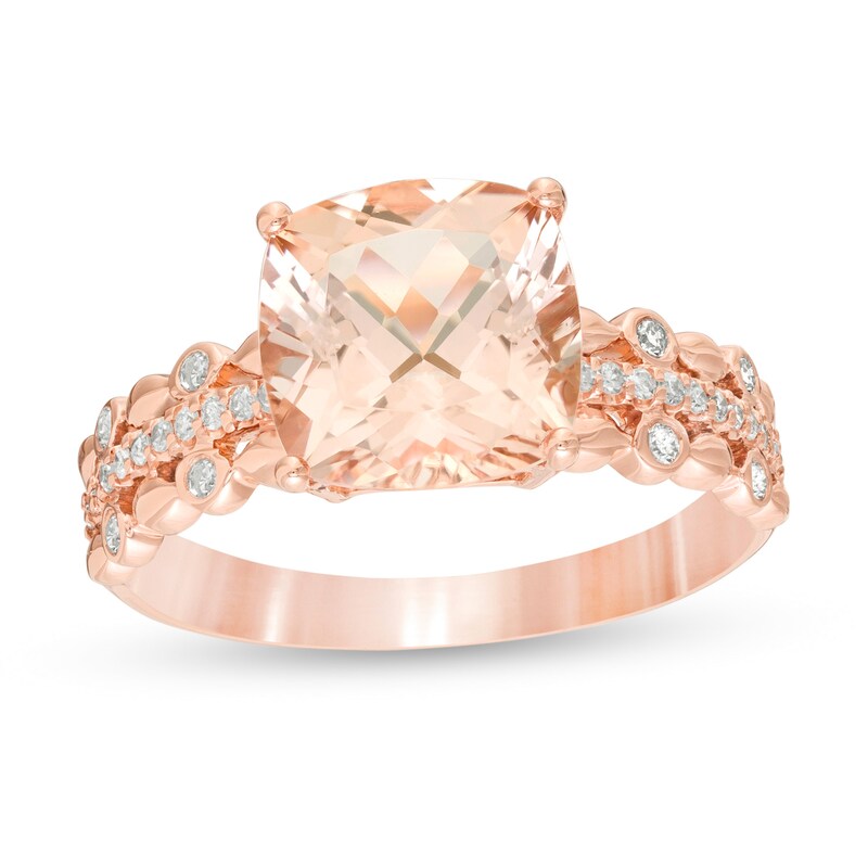 Main Image 1 of 9.0mm Cushion-Cut Morganite and 1/8 CT. T.W. Diamond Art Deco Ring in 10K Rose Gold