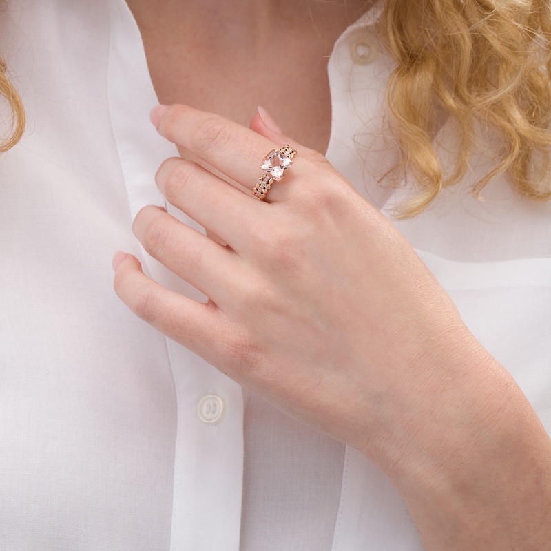 Main Image 2 of 9.0mm Cushion-Cut Morganite and 1/8 CT. T.W. Diamond Art Deco Ring in 10K Rose Gold