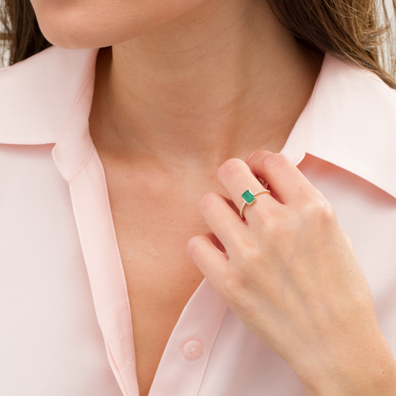 Main Image 2 of Emerald-Cut Emerald and 1/15 CT. T.W. Diamond Ring in 10K Gold