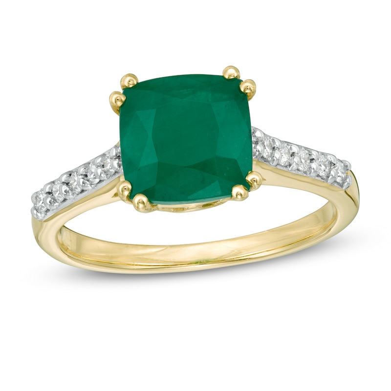 Main Image 1 of 8.0mm Cushion-Cut Emerald and 1/10 CT. T.W. Diamond Ring in 10K Gold