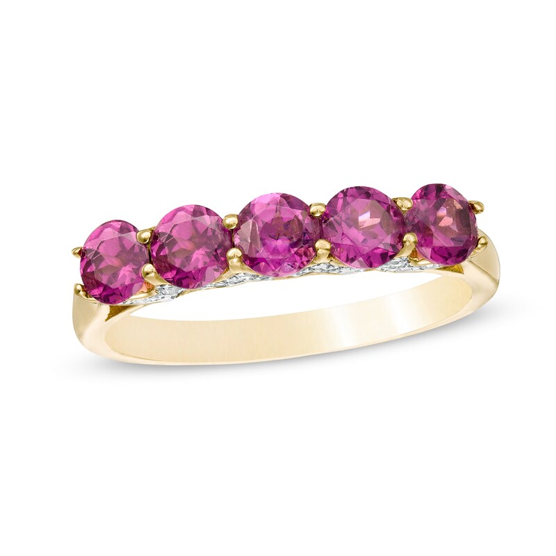 Main Image 1 of 4.0mm Rhodolite Garnet and 1/5 CT. T.W. Diamond Five Stone Band in 10K Gold