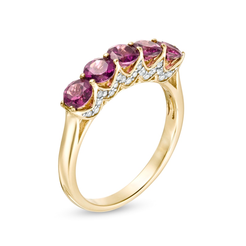 Main Image 3 of 4.0mm Rhodolite Garnet and 1/5 CT. T.W. Diamond Five Stone Band in 10K Gold
