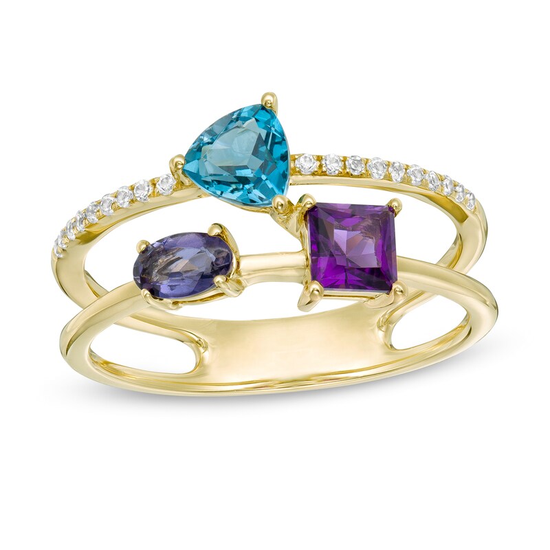 Main Image 1 of London Blue and White Topaz, Iolite and Amethyst Open Shank Ring in 10K Gold