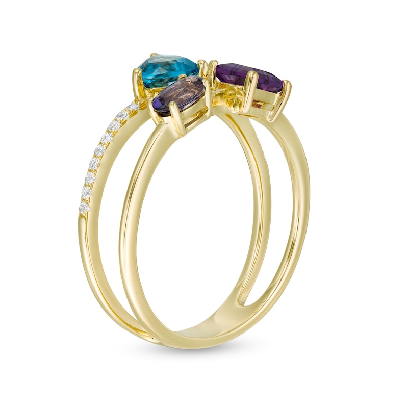 London Blue and White Topaz, Iolite and Amethyst Open Shank Ring in 10K Gold