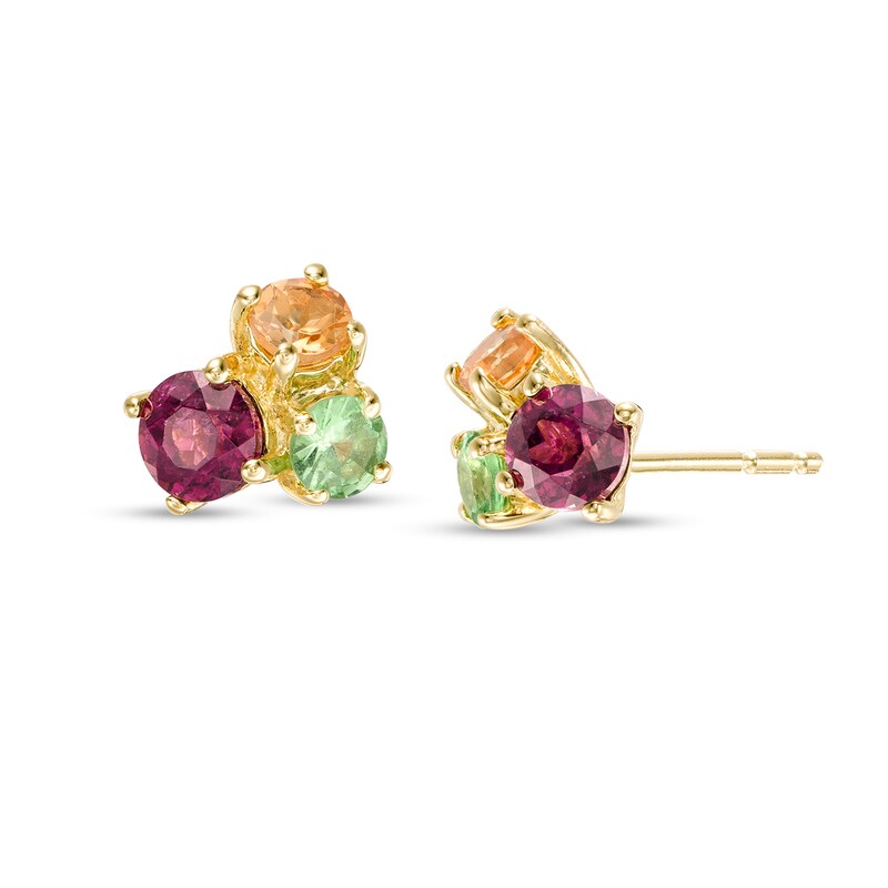Main Image 1 of Rhodolite Garnet, Spessartite and Tsavorite Trio Cluster Stud Earrings in Sterling Silver with 18K Gold Plate